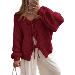 imagePRETTYGARDEN Womens Tie Front Bow Cardigan Sweaters Chunky Knit Long Puff Sleeve Trendy Fall Winter Jacket CoatsWine Red