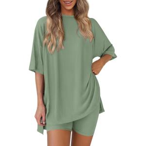 imagePRETTYGARDEN Womens Two Piece Lounge Set 2025 Summer Casual Oversized Shirts Biker Shorts Matching Airport Travel OutfitBean Green