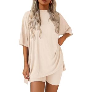 imagePRETTYGARDEN Womens Two Piece Lounge Set 2025 Summer Casual Oversized Shirts Biker Shorts Matching Airport Travel OutfitBeige