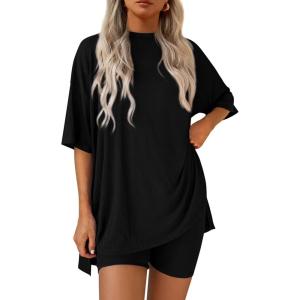 imagePRETTYGARDEN Womens Two Piece Lounge Set 2025 Summer Casual Oversized Shirts Biker Shorts Matching Airport Travel OutfitBlack
