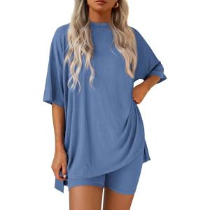 imagePRETTYGARDEN Womens Two Piece Lounge Set 2025 Summer Casual Oversized Shirts Biker Shorts Matching Airport Travel OutfitBlue