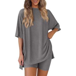 imagePRETTYGARDEN Womens Two Piece Lounge Set 2025 Summer Casual Oversized Shirts Biker Shorts Matching Airport Travel OutfitDark Grey