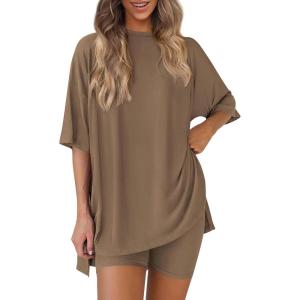 imagePRETTYGARDEN Womens Two Piece Lounge Set 2025 Summer Casual Oversized Shirts Biker Shorts Matching Airport Travel OutfitDark Khaki