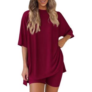 imagePRETTYGARDEN Womens Two Piece Lounge Set 2025 Summer Casual Oversized Shirts Biker Shorts Matching Airport Travel OutfitDeep Red
