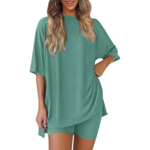 imagePRETTYGARDEN Womens Two Piece Lounge Set 2025 Summer Casual Oversized Shirts Biker Shorts Matching Airport Travel OutfitFruit Green