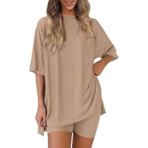 imagePRETTYGARDEN Womens Two Piece Lounge Set 2025 Summer Casual Oversized Shirts Biker Shorts Matching Airport Travel OutfitKhaki