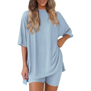 imagePRETTYGARDEN Womens Two Piece Lounge Set 2025 Summer Casual Oversized Shirts Biker Shorts Matching Airport Travel OutfitLight Blue