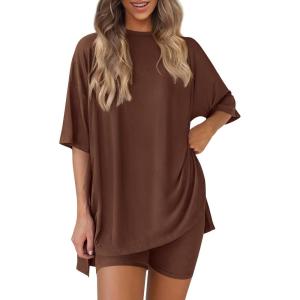imagePRETTYGARDEN Womens Two Piece Lounge Set 2025 Summer Casual Oversized Shirts Biker Shorts Matching Airport Travel OutfitLight Coffee