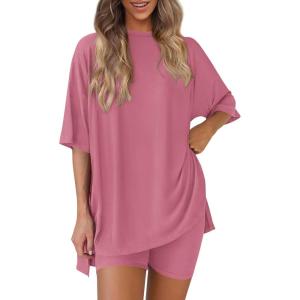 imagePRETTYGARDEN Womens Two Piece Lounge Set 2025 Summer Casual Oversized Shirts Biker Shorts Matching Airport Travel OutfitPink