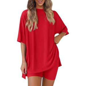 imagePRETTYGARDEN Womens Two Piece Lounge Set 2025 Summer Casual Oversized Shirts Biker Shorts Matching Airport Travel OutfitRed