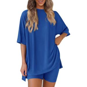 imagePRETTYGARDEN Womens Two Piece Lounge Set 2025 Summer Casual Oversized Shirts Biker Shorts Matching Airport Travel OutfitRoyal Blue
