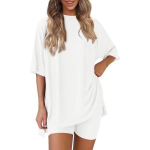 imagePRETTYGARDEN Womens Two Piece Lounge Set 2025 Summer Casual Oversized Shirts Biker Shorts Matching Airport Travel OutfitWhite