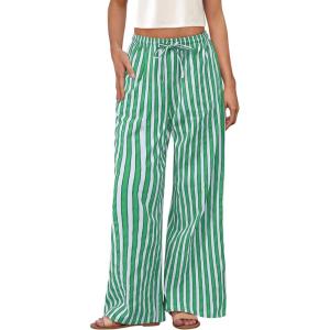imagePRETTYGARDEN Womens Wide Leg Lounge Pants 2025 Summer Drawstring Elastic Waist Comfy Striped Pajama Bottoms Trendy ClothesStriped Grey Blue Green