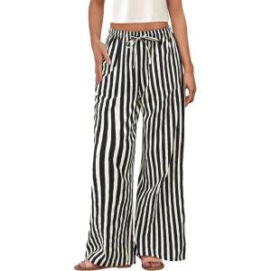 imagePRETTYGARDEN Womens Wide Leg Lounge Pants 2025 Summer Drawstring Elastic Waist Comfy Striped Pajama Bottoms Trendy ClothesStriped White Black