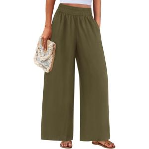 imagePRETTYGARDEN Womens Wide Leg Pants Casual 2025 Elastic Waist Loose Flowy Palazzo Pants Trousers with PocketsArmy Green
