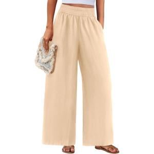 imagePRETTYGARDEN Womens Wide Leg Pants Casual 2025 Elastic Waist Loose Flowy Palazzo Pants Trousers with PocketsBeige