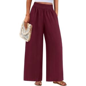 imagePRETTYGARDEN Womens Wide Leg Pants Casual 2025 Elastic Waist Loose Flowy Palazzo Pants Trousers with PocketsDark Wine Red