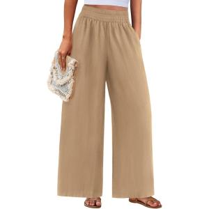 imagePRETTYGARDEN Womens Wide Leg Pants Casual 2025 Elastic Waist Loose Flowy Palazzo Pants Trousers with PocketsKhaki