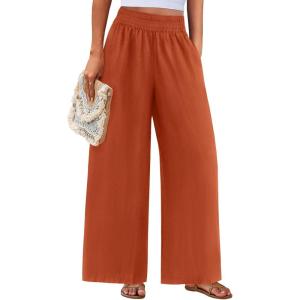 imagePRETTYGARDEN Womens Wide Leg Pants Casual 2025 Elastic Waist Loose Flowy Palazzo Pants Trousers with PocketsRust Red