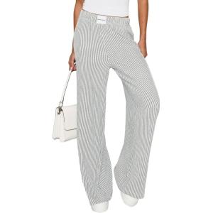 imagePRETTYGARDEN Womens Wide Leg Striped Pants 2025 Fall Casual High Waisted Baggy Palazzo Lounge Trousers Fashion BottomsGrey Blue