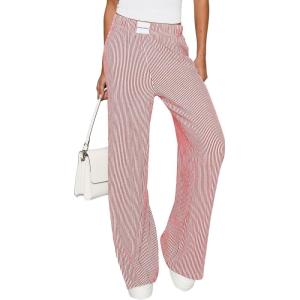 imagePRETTYGARDEN Womens Wide Leg Striped Pants 2025 Fall Casual High Waisted Baggy Palazzo Lounge Trousers Fashion BottomsRed