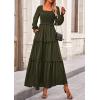 imagePRETTYGARDEN Fall Dresses for Women 2025 Long Sleeve Smocked Square Neck Swiss Dot Tiered Flowy Wedding Guest Maxi DressArmy Green