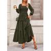 imagePRETTYGARDEN Fall Dresses for Women 2025 Long Sleeve Smocked Square Neck Swiss Dot Tiered Flowy Wedding Guest Maxi DressArmy Green