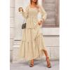 imagePRETTYGARDEN Fall Dresses for Women 2025 Long Sleeve Smocked Square Neck Swiss Dot Tiered Flowy Wedding Guest Maxi DressBeige