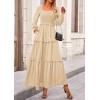 imagePRETTYGARDEN Fall Dresses for Women 2025 Long Sleeve Smocked Square Neck Swiss Dot Tiered Flowy Wedding Guest Maxi DressBeige