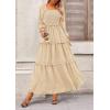 imagePRETTYGARDEN Fall Dresses for Women 2025 Long Sleeve Smocked Square Neck Swiss Dot Tiered Flowy Wedding Guest Maxi DressBeige