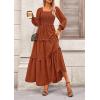 imagePRETTYGARDEN Fall Dresses for Women 2025 Long Sleeve Smocked Square Neck Swiss Dot Tiered Flowy Wedding Guest Maxi DressBrown