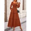imagePRETTYGARDEN Fall Dresses for Women 2025 Long Sleeve Smocked Square Neck Swiss Dot Tiered Flowy Wedding Guest Maxi DressBrown