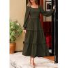 imagePRETTYGARDEN Fall Dresses for Women 2025 Long Sleeve Smocked Square Neck Swiss Dot Tiered Flowy Wedding Guest Maxi DressDark Army Green