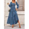 imagePRETTYGARDEN Fall Dresses for Women 2025 Long Sleeve Smocked Square Neck Swiss Dot Tiered Flowy Wedding Guest Maxi DressDark Blue