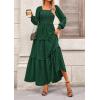 imagePRETTYGARDEN Fall Dresses for Women 2025 Long Sleeve Smocked Square Neck Swiss Dot Tiered Flowy Wedding Guest Maxi DressDark Green