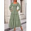 imagePRETTYGARDEN Fall Dresses for Women 2025 Long Sleeve Smocked Square Neck Swiss Dot Tiered Flowy Wedding Guest Maxi DressGrey Green