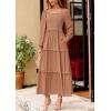 imagePRETTYGARDEN Fall Dresses for Women 2025 Long Sleeve Smocked Square Neck Swiss Dot Tiered Flowy Wedding Guest Maxi DressKhaki