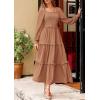 imagePRETTYGARDEN Fall Dresses for Women 2025 Long Sleeve Smocked Square Neck Swiss Dot Tiered Flowy Wedding Guest Maxi DressKhaki