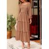 imagePRETTYGARDEN Fall Dresses for Women 2025 Long Sleeve Smocked Square Neck Swiss Dot Tiered Flowy Wedding Guest Maxi DressKhaki
