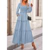 imagePRETTYGARDEN Fall Dresses for Women 2025 Long Sleeve Smocked Square Neck Swiss Dot Tiered Flowy Wedding Guest Maxi DressLight Blue