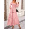 imagePRETTYGARDEN Fall Dresses for Women 2025 Long Sleeve Smocked Square Neck Swiss Dot Tiered Flowy Wedding Guest Maxi DressPink