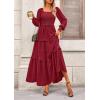 imagePRETTYGARDEN Fall Dresses for Women 2025 Long Sleeve Smocked Square Neck Swiss Dot Tiered Flowy Wedding Guest Maxi DressRed