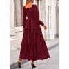 imagePRETTYGARDEN Fall Dresses for Women 2025 Long Sleeve Smocked Square Neck Swiss Dot Tiered Flowy Wedding Guest Maxi DressWine Red