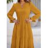 imagePRETTYGARDEN Long Sleeve Dress for Women 2025 Fall V Neck Tiered Aline Spring Elegant Modest Flowy Wedding Guest Maxi DressesBrown Yellow