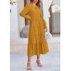 imagePRETTYGARDEN Long Sleeve Dress for Women 2025 Fall V Neck Tiered Aline Spring Elegant Modest Flowy Wedding Guest Maxi DressesBrown Yellow