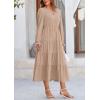 imagePRETTYGARDEN Long Sleeve Dress for Women 2025 Fall V Neck Tiered Aline Spring Elegant Modest Flowy Wedding Guest Maxi DressesLight Khaki