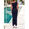 imagePRETTYGARDEN Skirt Sets Women 2 Piece Outfits Summer 2025 One Shoulder Sexy Ruched Bodycon Maxi Long SkirtsNavy