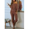 imagePRETTYGARDEN Two Piece Sets for Women Fall 2025 Ribbed Knit Off Shoulder Tops Lounge Pants Tracksuit Fashion ClothingCoffee