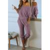 imagePRETTYGARDEN Two Piece Sets for Women Fall 2025 Ribbed Knit Off Shoulder Tops Lounge Pants Tracksuit Fashion ClothingDeep Purple