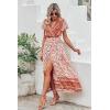 imagePRETTYGARDEN Women Boho Summer Side Split Deep V Neck Short Sleeves Maxi Dress with BeltFloral Orange Red